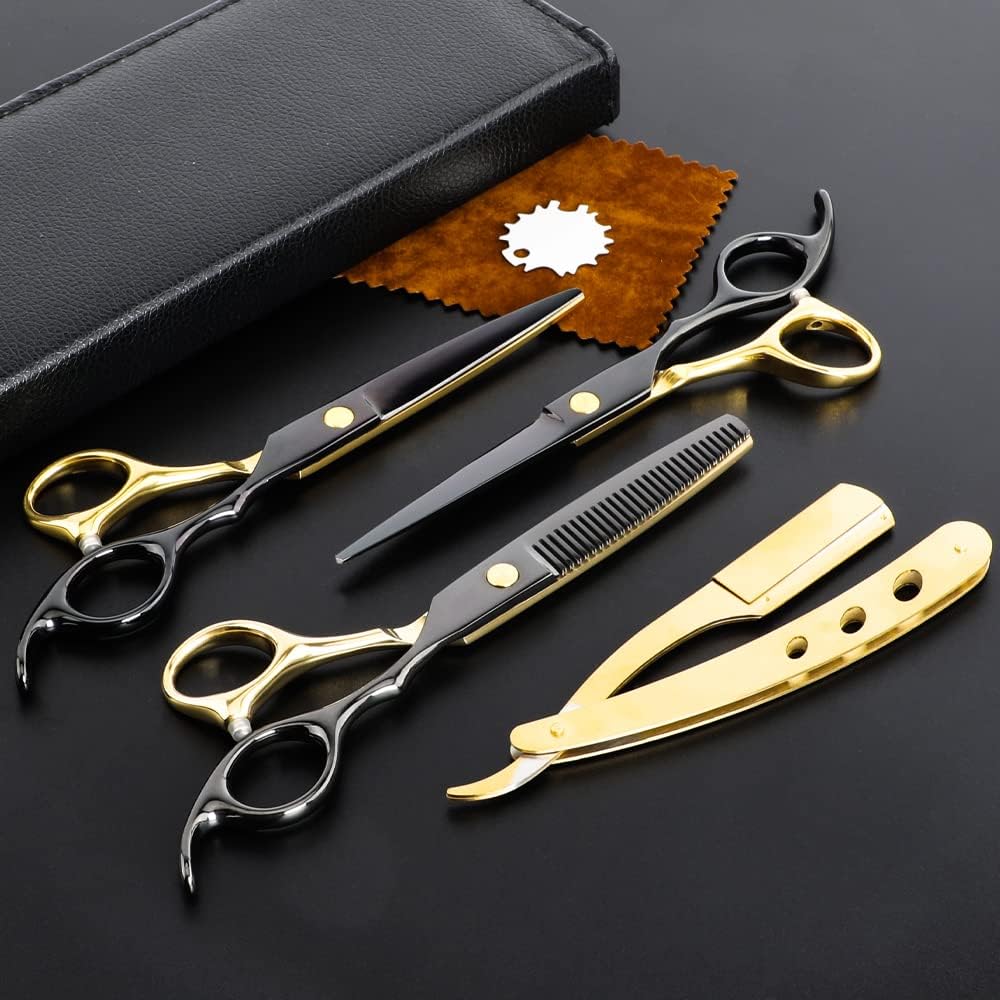 Professional Black Gold Hairdressing Scissors - Stainless Steel Barber Hair Cutting Scissors Set - Salon Multifunctional Straight Shears - Teeth & Thinning Shears - Home Use
