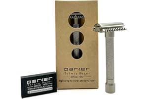 PARKER SAFETY RAZOR The Parker VARIANT OPEN COMB - ADJUSTABLE Double Edge Safety Razor, Customize your Shave with a Turn of the Dial from Mild to Aggressive - 5 Blades Included (SATIN CHROME)