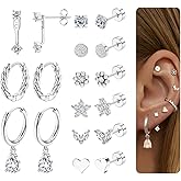 ZELORES 9 Pairs Flat Back Stud Earrings for Women Stainless Steel Helix Cartilage Stacks Hoop Stud Earring Sets for Multiple Piercing 18K Gold Plated Flat Back Earrings