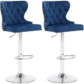 MAKOSAR Set of 2 Adjustable Swivel Bar Stools, Velvet Upholstered Counter Height Chairs with Nailhead Trim, Silver Footrest, and High Back for Kitchen Island, Home Bar, Dining Room, Cafe, Blue