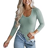 Hotmiss Women's Stretchy Bodysuits Sexy Ribbed T Shirt One Piece V Neck Long Sleeve Bodysuits