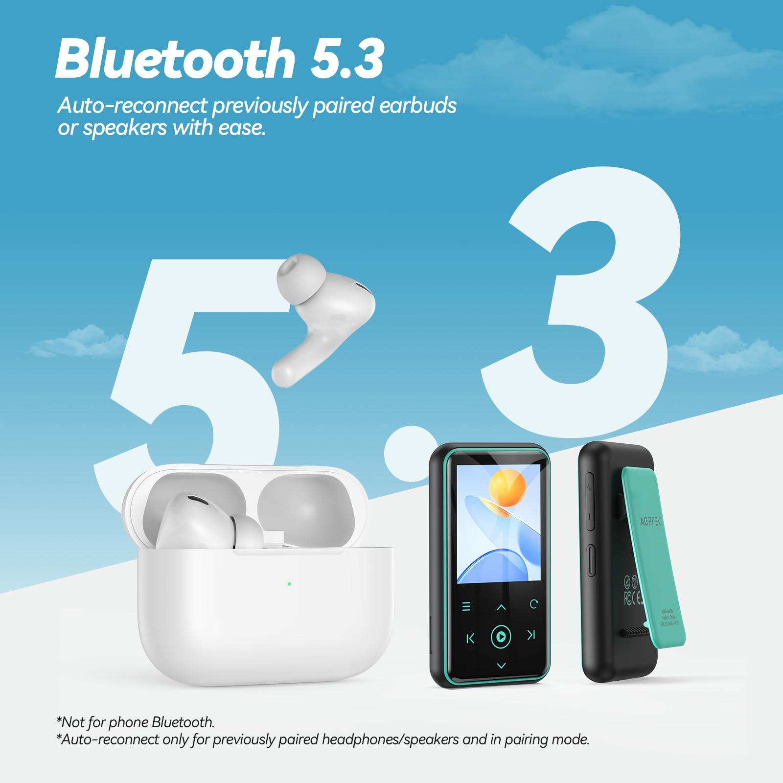 AGPTEK 64GB MP3 Player with Clip, 1.8 inch Bluetooth 5.3 Music Player with FM Radio, Voice Recorder for Sport Running, Supports up to 128GB Memory Card, Model: M2, Blue