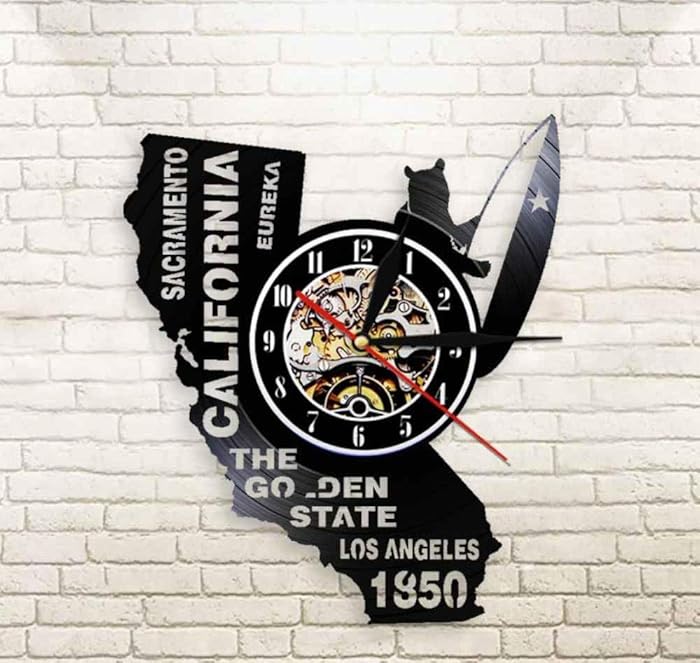 Buzdao Eureka The Golden State California State Home Wall Clock Sacramento Los Angeles Vinyl Record Wall Clock USA Travel Souvenir Gift