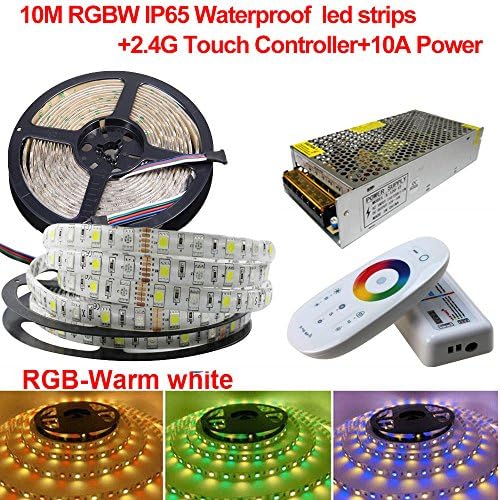 Firstsd FULL KIT 10M RGBWW LED Strip Light 5050 SMD Color Changing Flexible Tape + 2.4G Touch Remote Controller + 10A Power (Waterproof strips, RGBWW(RGB+Warm white))