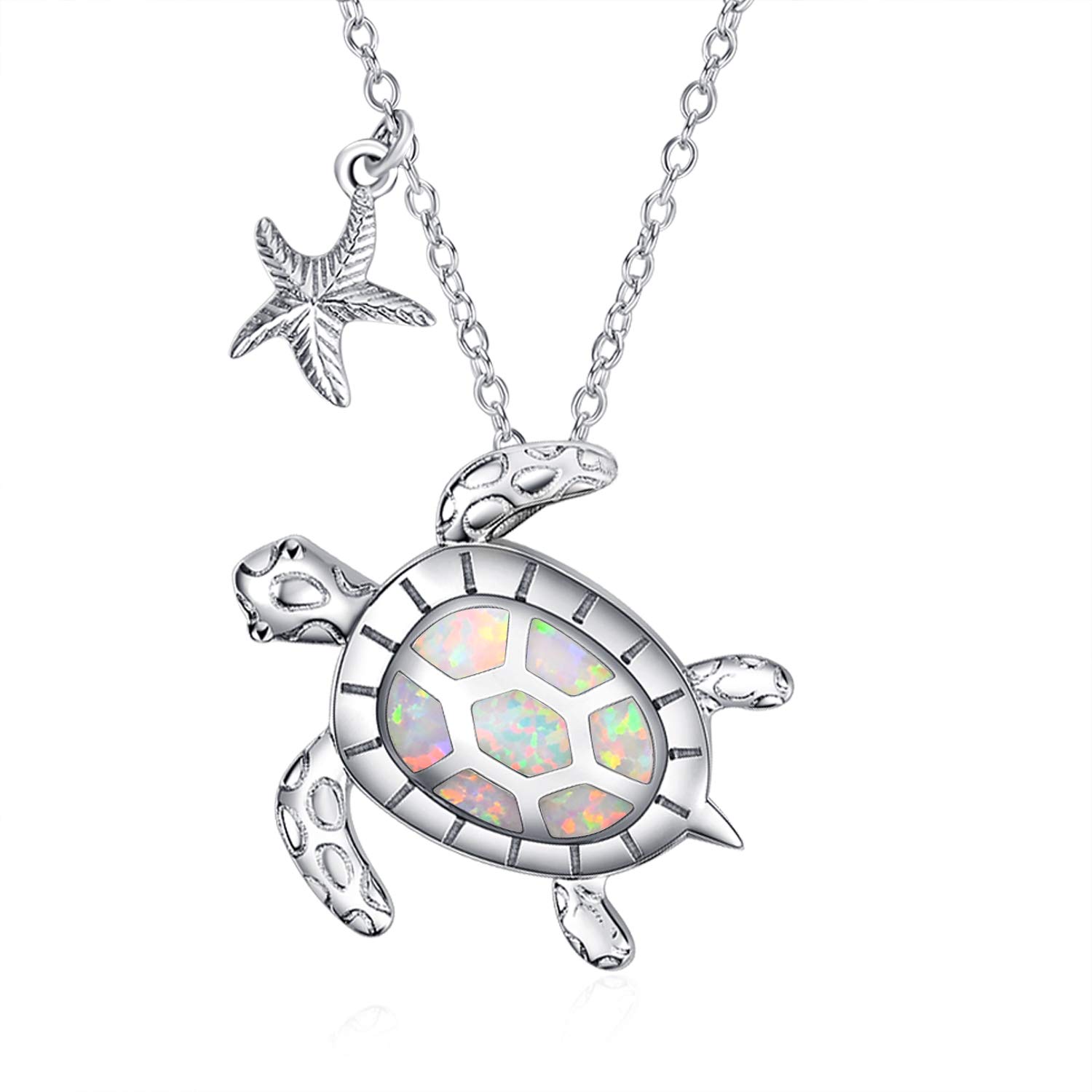WINNICACA Ocean Theme Pendant Sterling Silver Turtle/Mermaid/Jellyfish/Dolphin Necklace for Women Gifts (Turtle - White Opal) — image 1