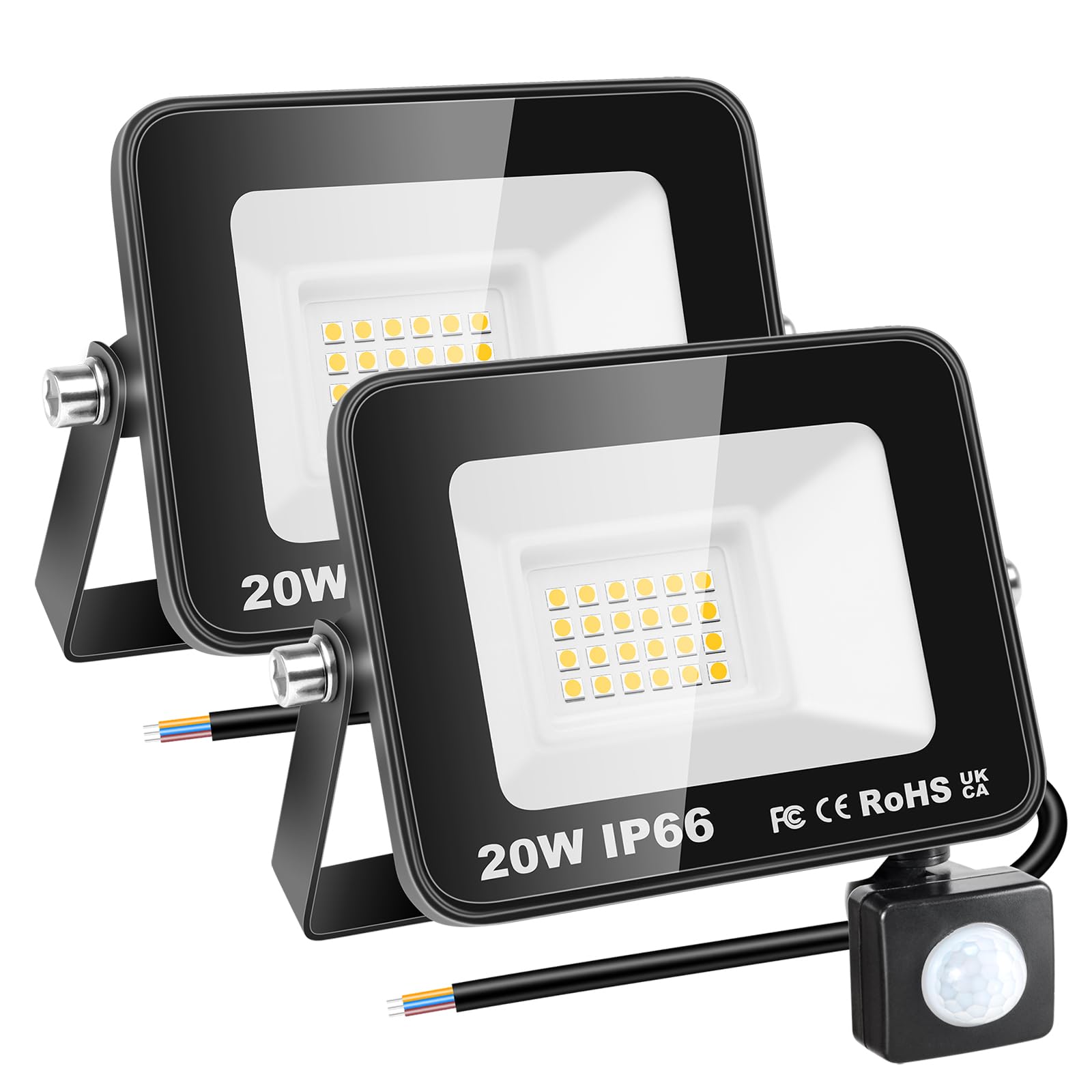 RIGIDON 2 Pcs PIR Motion Sensor Outdoor Security Light, 20W 2000 Lumens Outside Led Floodlight, Daylight Warm White Wall Light for Garden Garage Backyard Patio House Doorway, IP66 Waterproof 3000K
