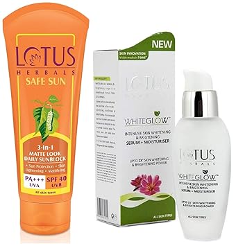 Lotus Herbals Safe Sun 3-In-1 Matte Look Daily Sunblock, SPF 40, 100g & Herbals White Glow Intensive Skin Serum+ Moisturiser, 30ml Combo