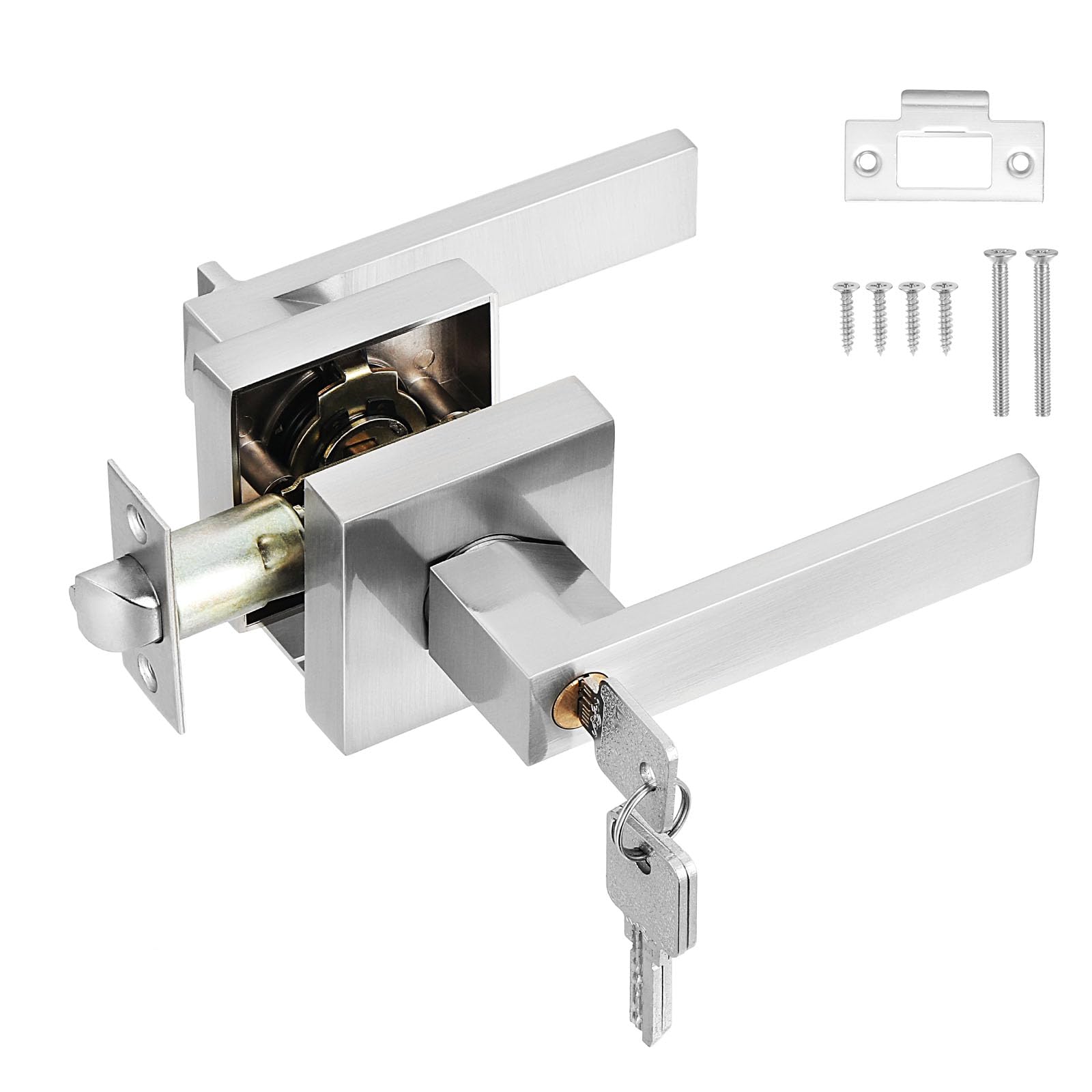 HSEAMALL Door Lever Handle Lock,Interior Door Handle with Lock and Key Square Entry Door Handle for Bedroom Office Left or Right Handing (Silver)