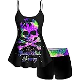 ROSE GAL Rosegal Plus Size Women Gothic Tummy Control Tankini Swimsuit Skull Glitter Print Boyleg Padded Tankini Swimwear