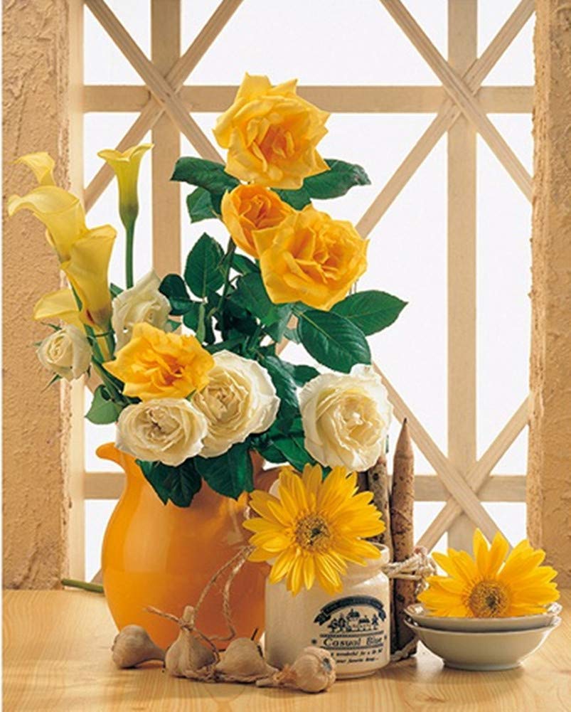 YEESAM ART Paint by Numbers for Adults Beginners Rose Flowers Sunflower 16x20 inch Linen Canvas Acrylic DIY Number Painting Kits Wall Art Decor Gifts