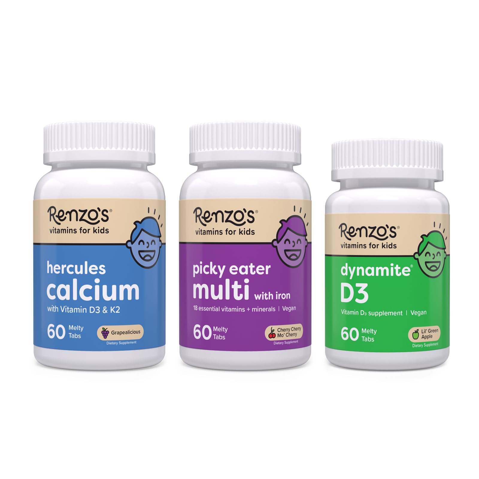 Renzo's Vitamins Stronger Now Bundle - Picky Eater Kids Multivitamin, Hercules Calcium, and Vitamin D3 for Kids
