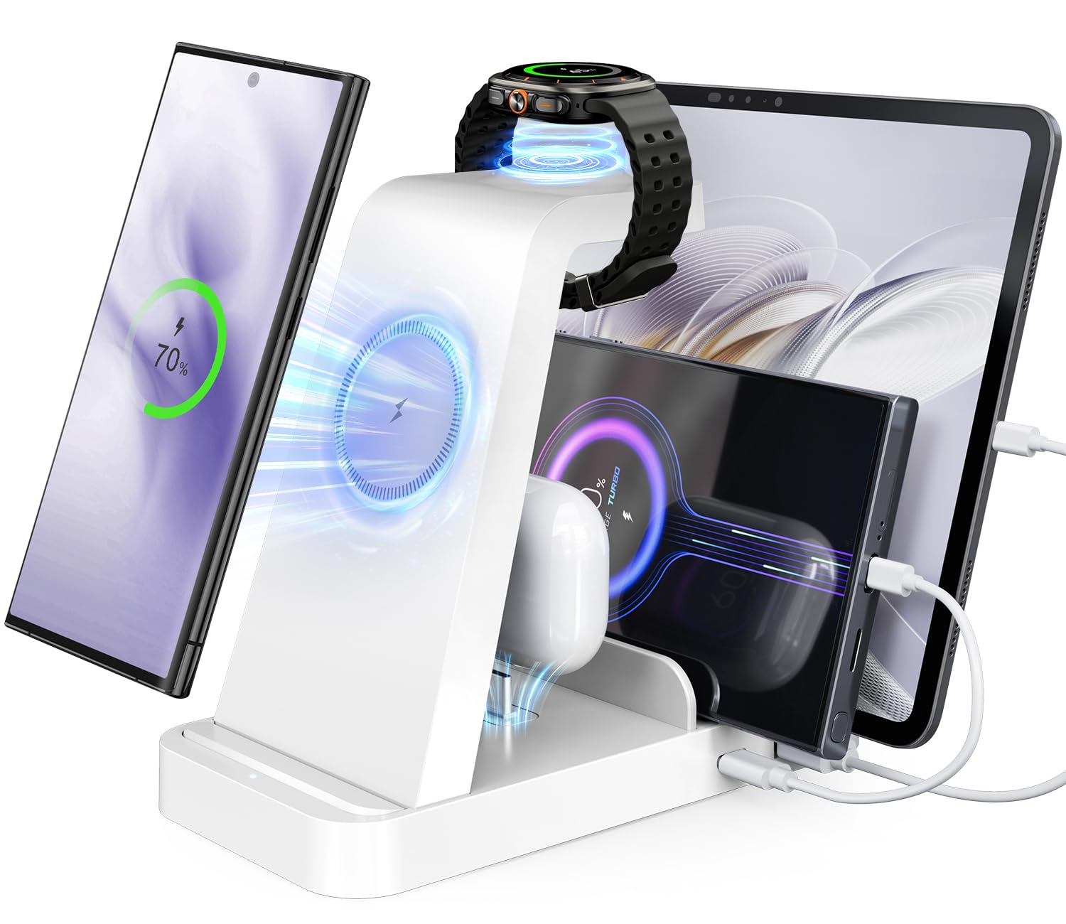 Photo 1 of 5 in 1 Wireless Charger for Samsung, Wireless Charging Station for Multiple Devices, Fast Charger Stand for Samsung Galaxy S25 Ultra S24 S23 S22 S20 Note 20 10 Z Fold 7 6 Galaxy Watch 7 6 5 Buds,White