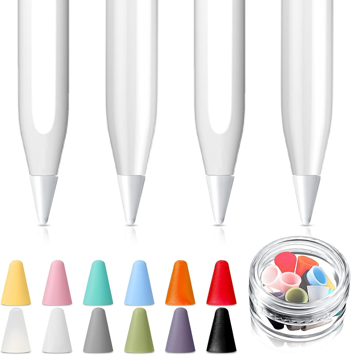 4 Pieces White Replacement Tips Pen Nibs Compatible with Apple Pencil 1st and 2nd Gen and iPad Pro with 12 Pieces Silicone Nibs Caps, 12 Colors