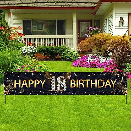 Mokonate Happy 18th Birthday Banner Black Gold Happy Birthday Sign Banner Backdrop Happy Birthday Yard Sign for Kids 18 Years Old Party Decorations Supplies
