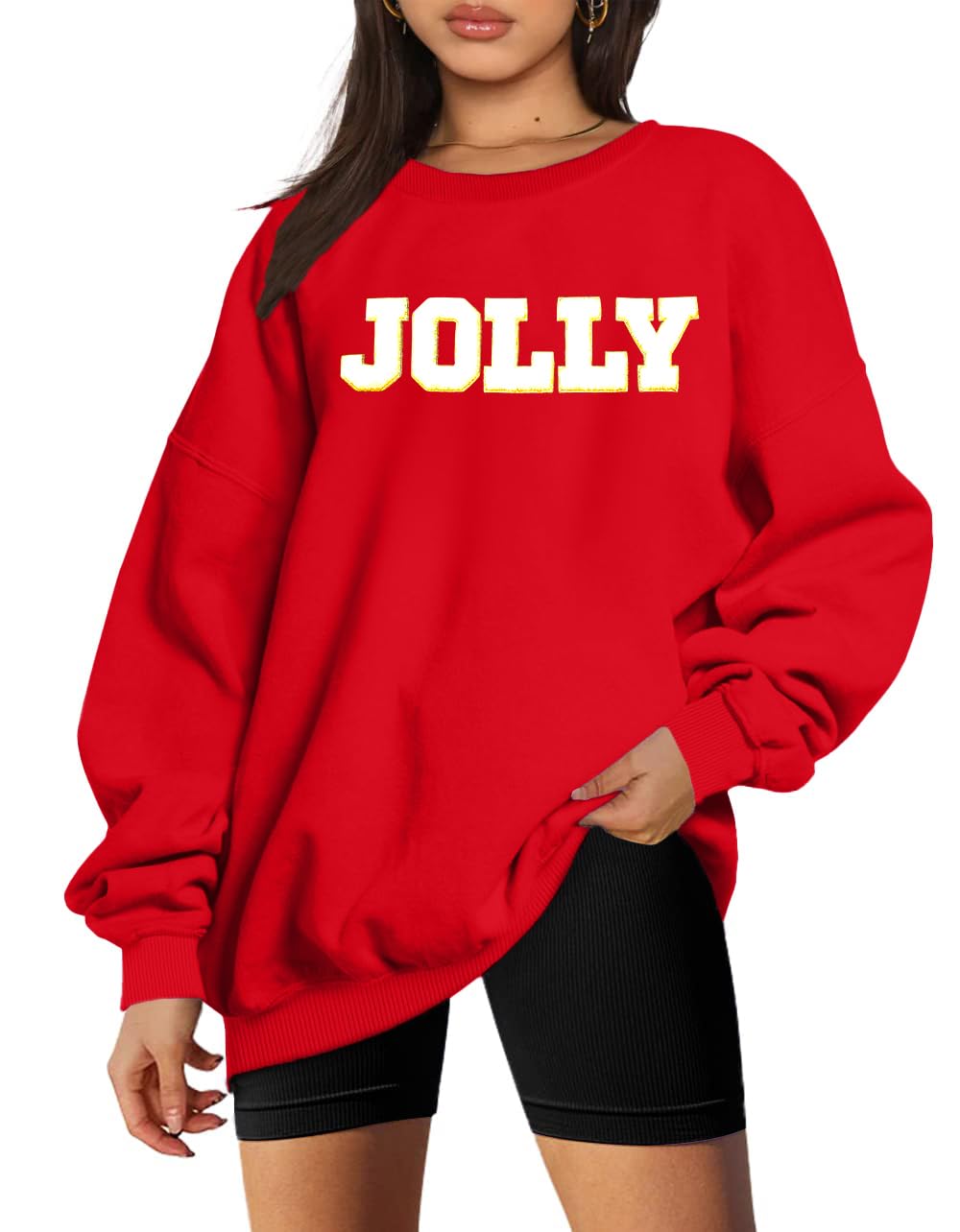 Photo 1 of KIDDAD Christmas Sweatshirts for Women Glitter Patch Merry Christmas Letter Print Sweater Embroidered Striped Pullover Tops