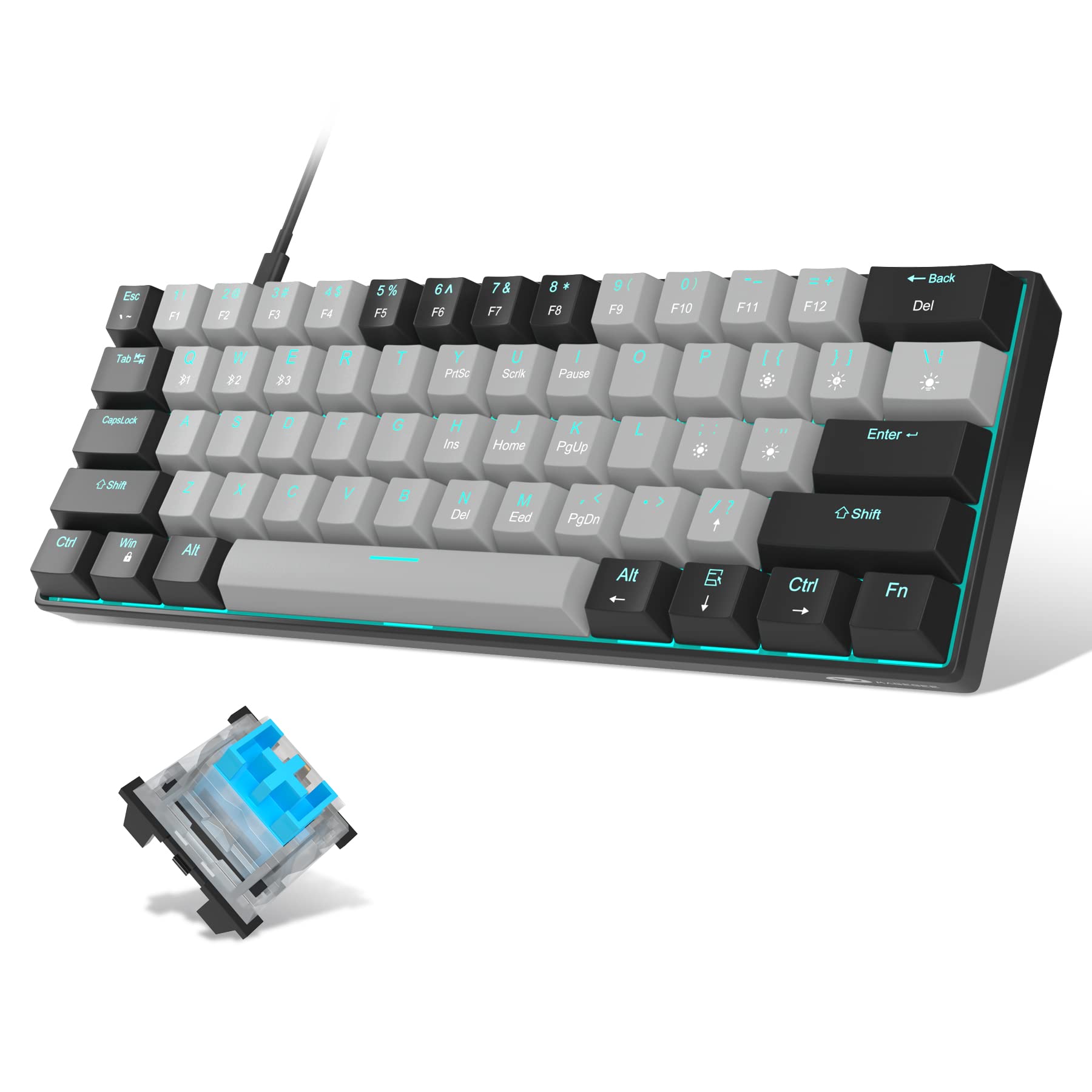 MageGee 60% Mechanical Keyboard with Blue Switches and Sea Blue Backlit Small Compact 60 Percent Keyboard Mechanical, Portable 60 Percent Gaming Key Board Gamer(Black Grey)