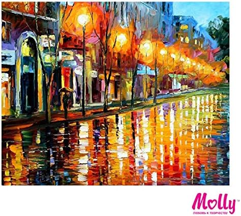 Russian artists series - Leonid Afremov - Reflection of the City at Night - Painting By Numbers by MOLLYS 16 x 20 inches 26 Colors with Wooden Frame