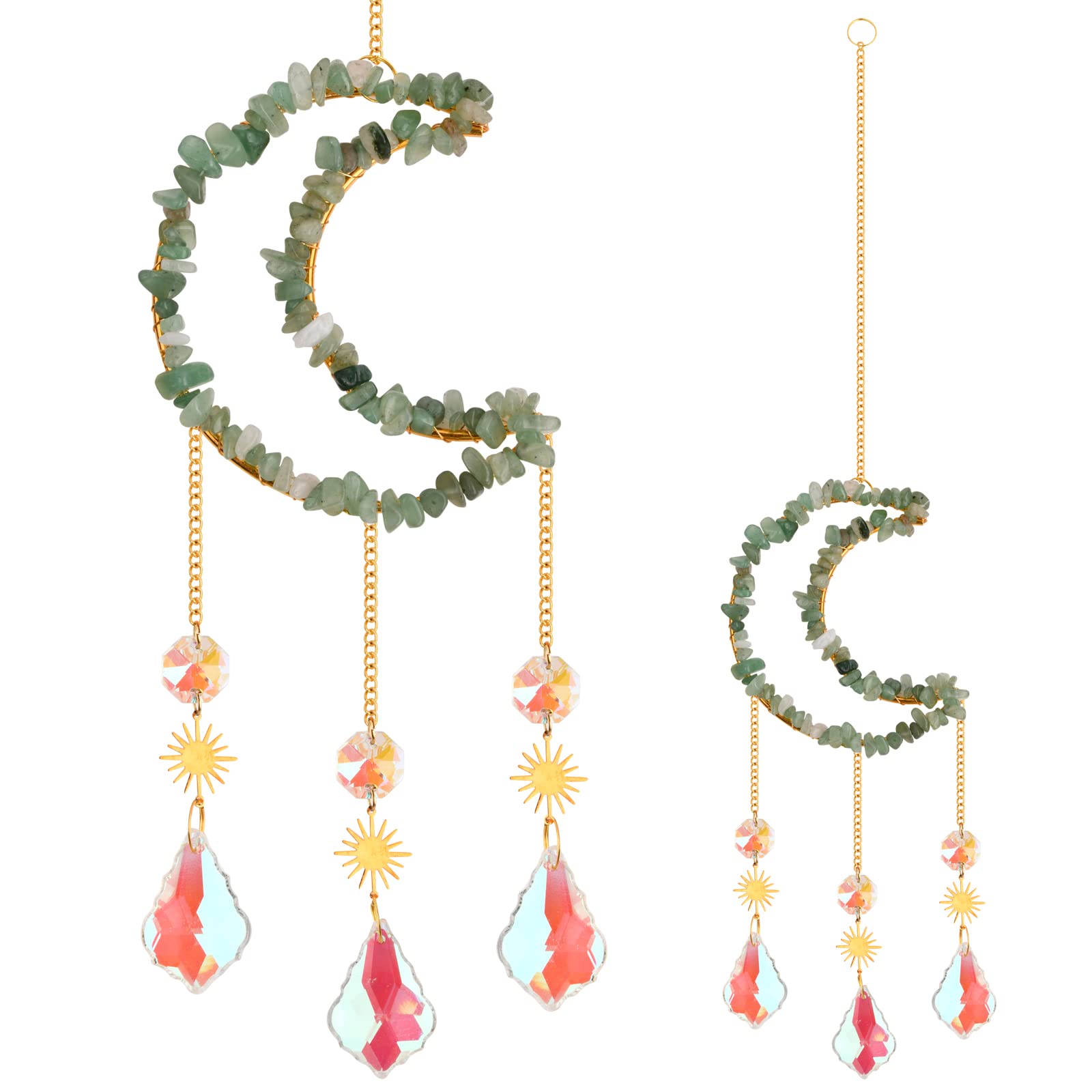 Crystal Glass Sun Catchers Wind Chimes Crystal Prism Suncatchers for Windows Crystal Gold Moon Sun Catchers with Chain Pendant Rainbow Maker Home Decor Hanging for Bedroom Home Garden Gift (Green)