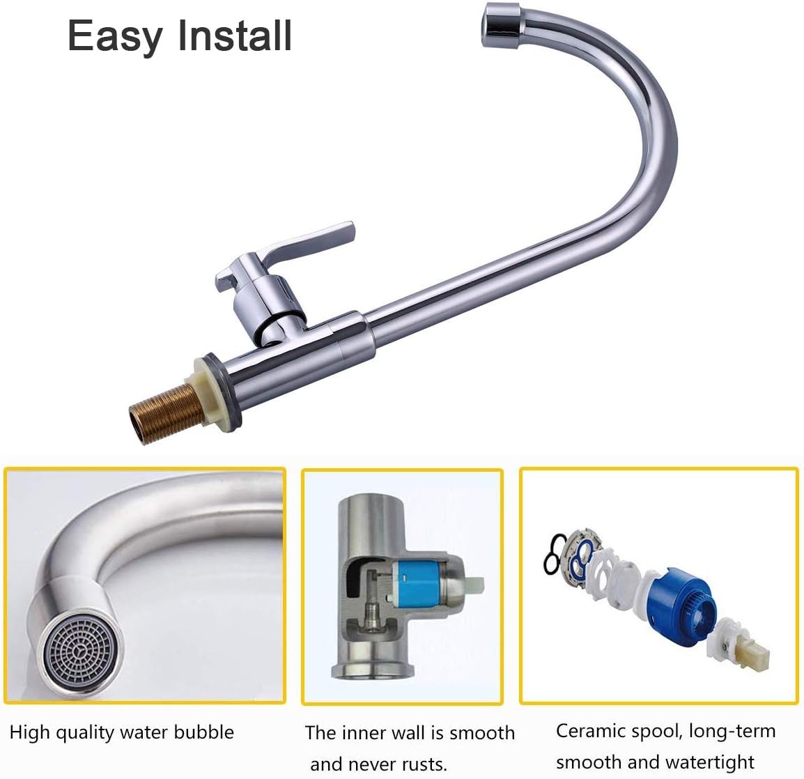 Cold Water Sink Faucet Single Handle One Hole High Arc Deck Mount Stainless Steel Bar Faucet for Kitchen Garden Outdoor Boat Camper Easy Install Chrome - - 