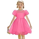 Arshiner Toddler Girls Dress Contrast Mesh Puff Short Sleeve Flowy Bubble Hem Organza Casual Party Dresses Size 2-6