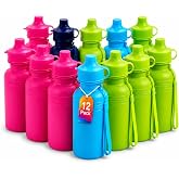 4E's Novelty Bulk Water Sports Bottles for Kids 18 oz - 12 Pack Squeeze Reusable Plastic, Neon Colors, BPA Free, Water Bottles Party Favor Gift Giveaways, School Water Bottles