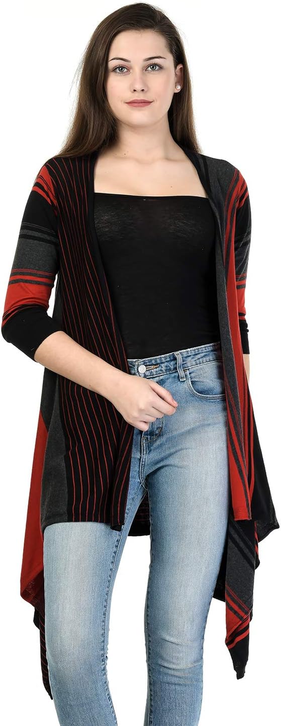 Kalt Women's Cotton 3/4th Sleeves Long Open Shrug (Black and Red, Large)