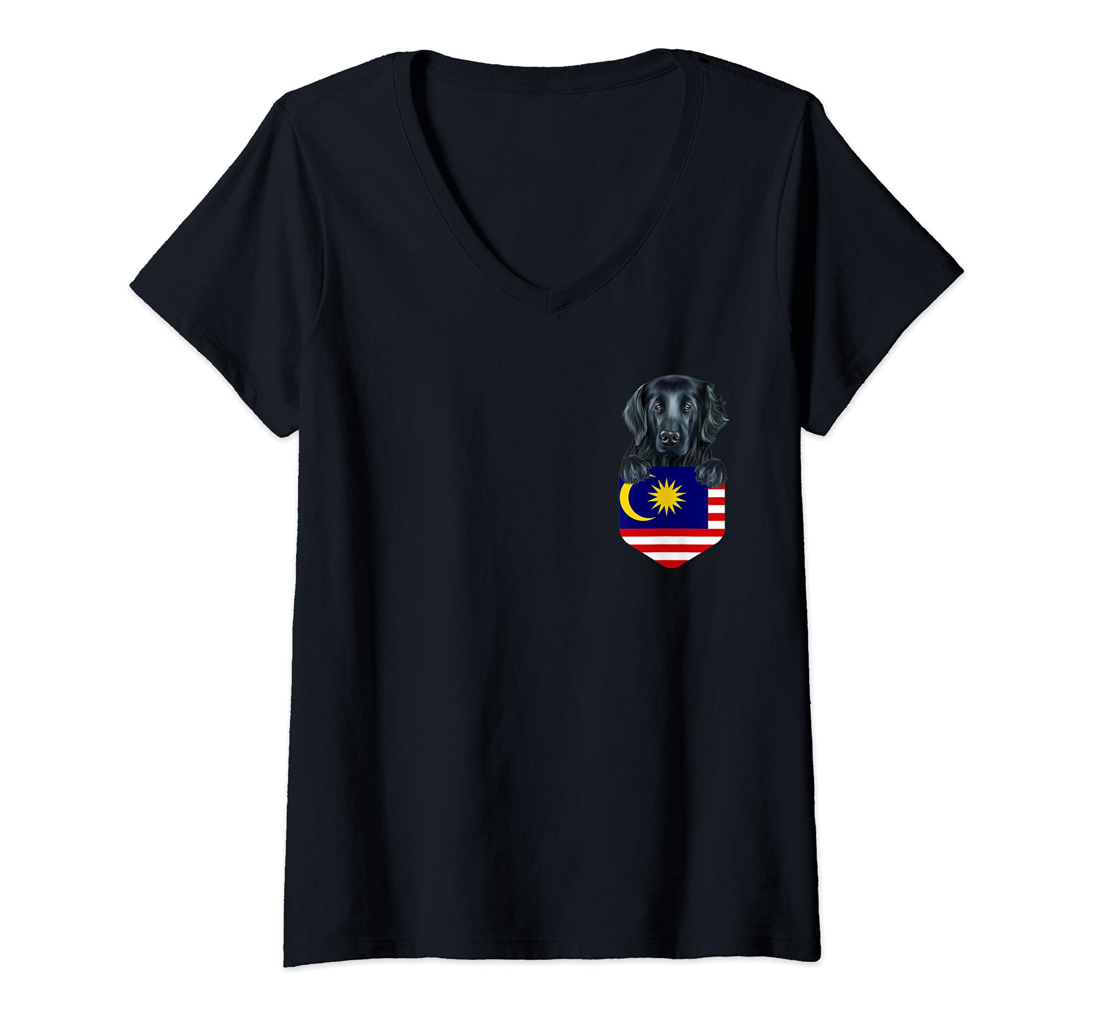 Womens Malaysia Flag Flat-Coated Retriever Dog In Pocket V-Neck T-Shirt