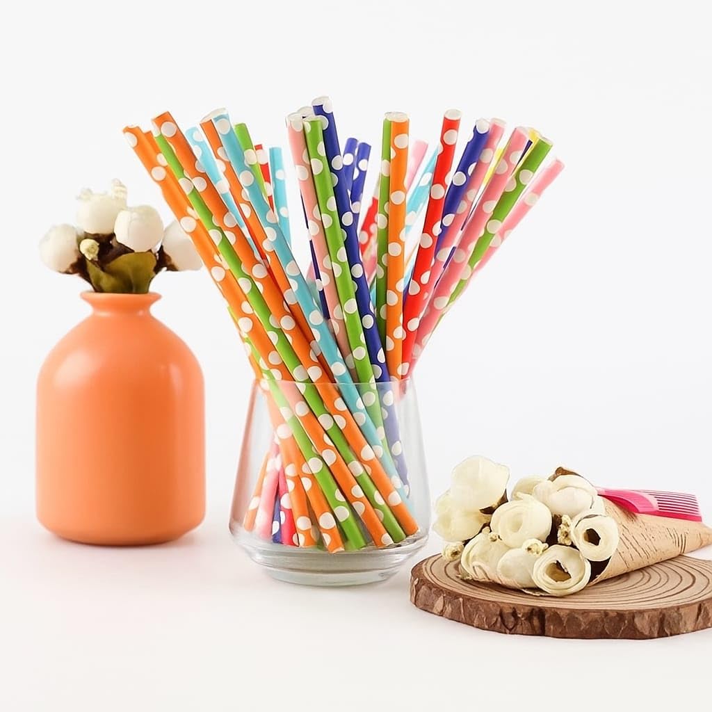 LUMOUS ROLA Paper Straws, 150 Pack Paper Drinking Straws, Bio Degradable Drinking Paper Straws Wedding Party, Party Straws, Restaurant, Juice Drinking Straws (150Pcs Mix Polka Dots)