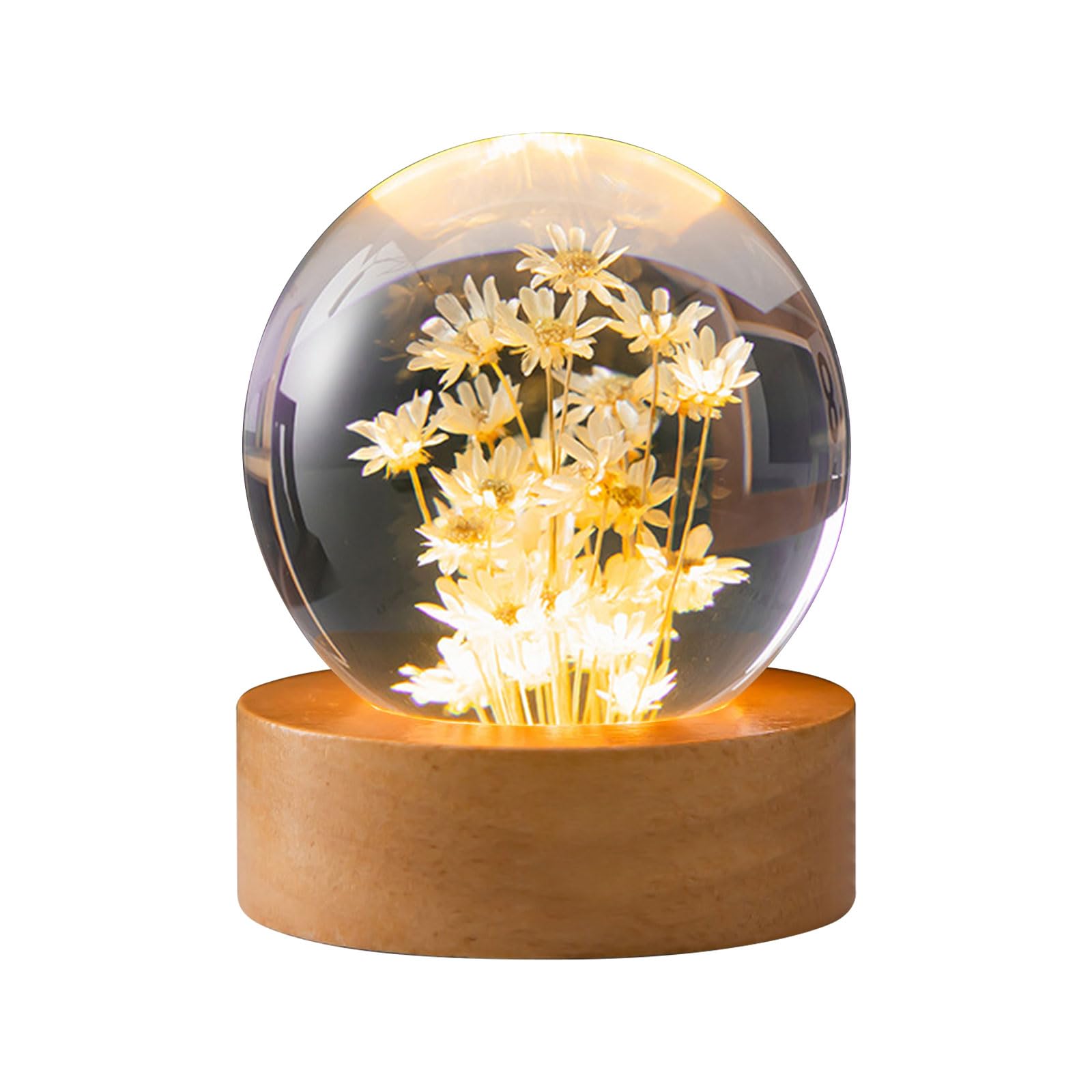 luolety Flower Crystal Ball Night Light, 6CM Glass Ball Lamp with Wooden with LED Light Base, USB Powered Flower Specimen Night Lamp with Stand (Yellow Daisy)