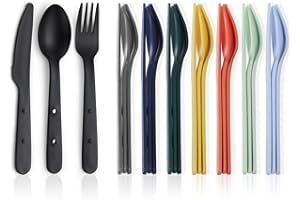 Kyraton Travel Utensils Set for 8, Reusable Plastic Spoons Forks Knives Snapped Together for Portable & Space-Saving Design C