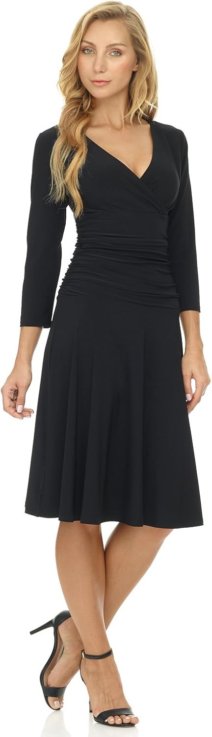 Rekucci Women's Slimming 3/4 Sleeve Fit-and-Flare Crossover Tummy Control Dress at  Women’s Clothing store