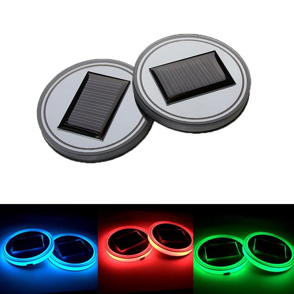 Youngine Pack of 2, Solar LED Car Cup Holder Mat Pad Waterproof Bottle Drinks Coaster Built-in Light and Vibration Sensor Car Interior Decoration Light Lamp (Colourful)