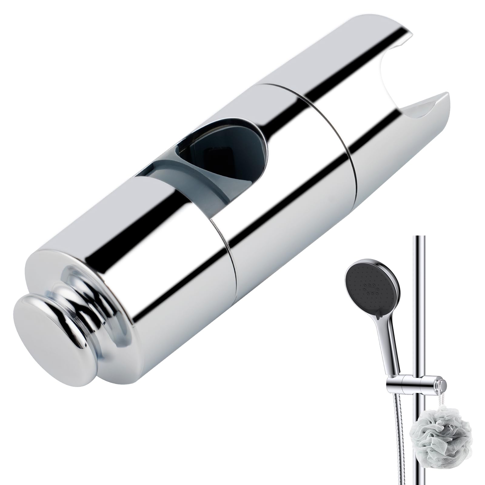 Hibbent Universal Adjustable Shower Holder with Hook - Fits 19-22mm Shower Heads & 18-25mm Rails, ABS Chrome Slider Clamp Bracket