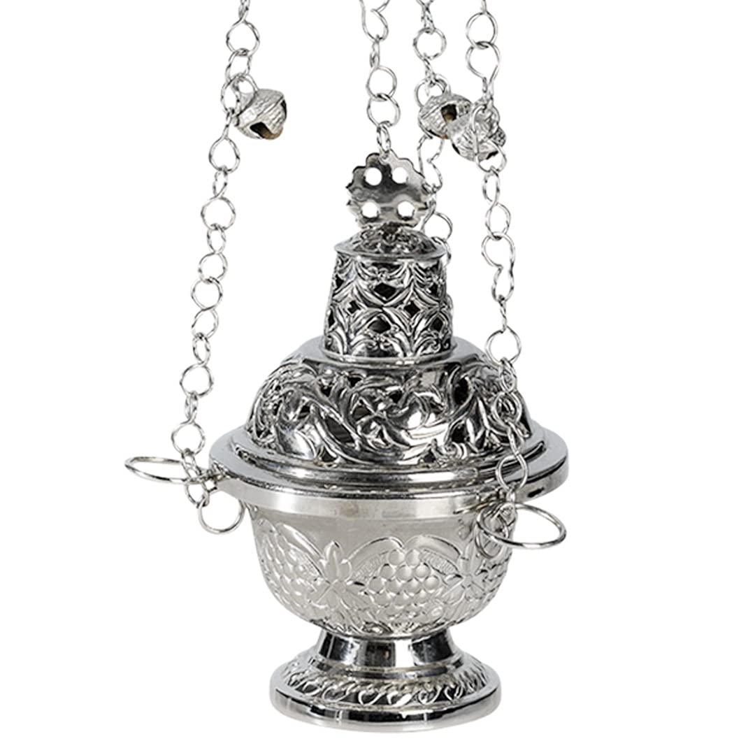 NKlaus incense burner brass silver chain 60cm long with bell incense burner decorated handmade 10959