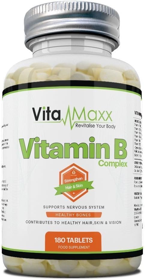 Vitamin B Complex by Vita Maxx | 8 Vitamin B's in ONE Tablet Including b12 and b6 | 180 Tablets (6 Month Supply) | Manufactured in The UK