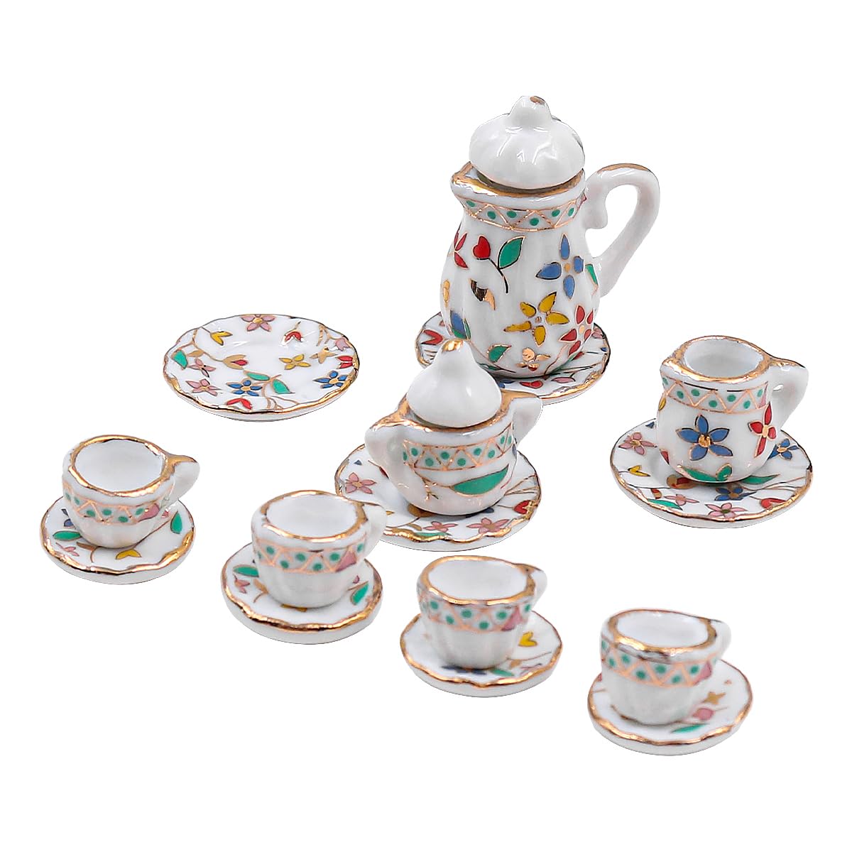 CENPEK Dollhouse Ceramic Tea Set 1:12 Dolls House Accessories with Mini Fork Spoon Cutlery for Dollhouse Scene Decoration -Blue and White Porcelain - Colourful Broken Flower