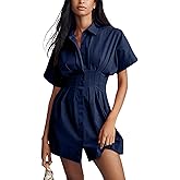 MSBESYOR Women Button Down Pleated Shirt Dress Summer Short Sleeve Blouse Striped Print Corset Mini Dresses Navy