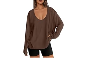 Oplxuo Oversized Tshirts for Women Workout Gym Tops Scoop Neck Long Sleeve T Shirts Spring Fall Casual Basic Tees