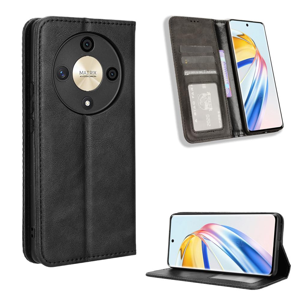 COMAKU Compatible with Honor X9b Case Leather - Flip Cover Protection magnetic Phone Case wallet with Card Holder - Black