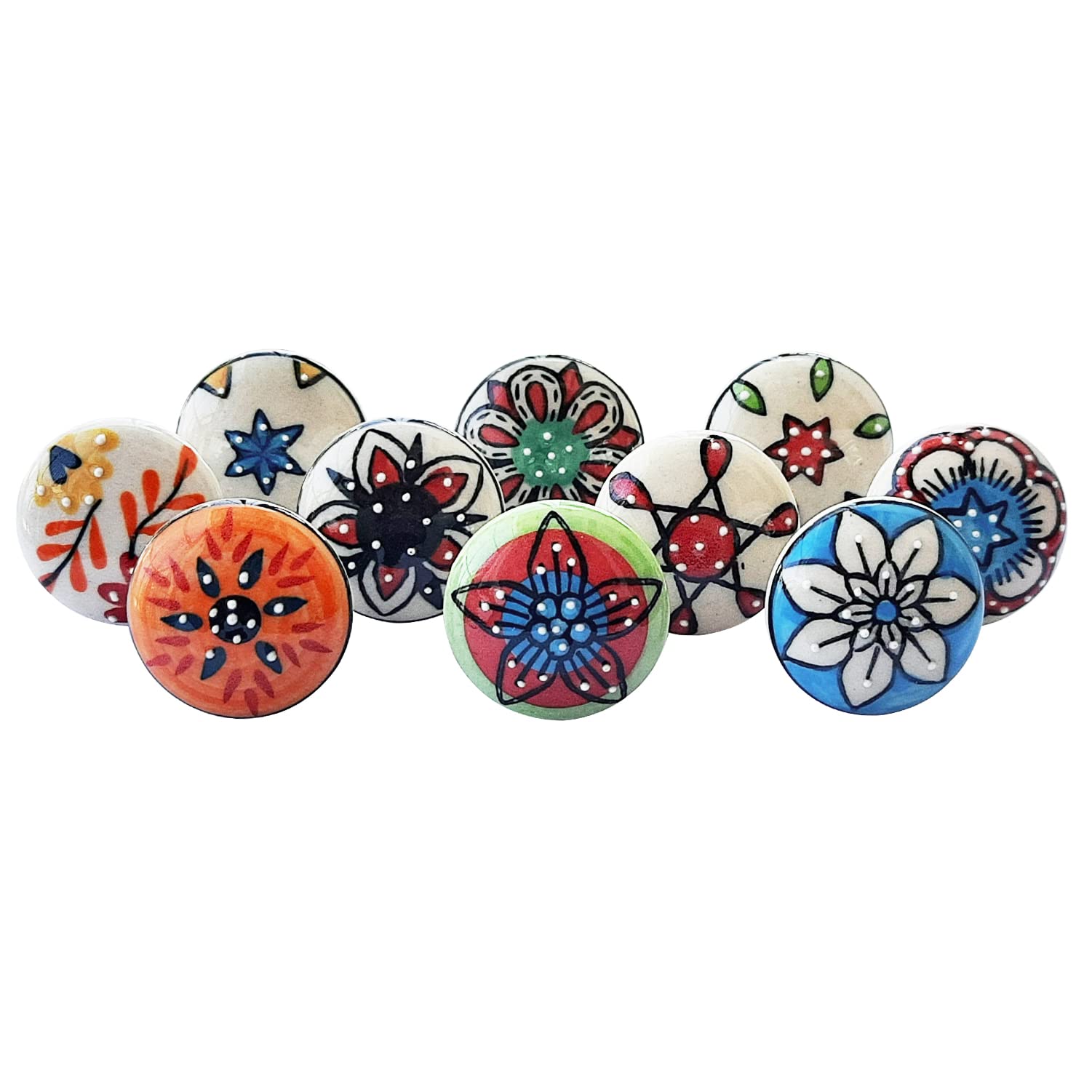 Royal Kraft Sknob011_20 10 Designs x 2 = 20 Knobs Vintage Style Hand Printed Ceramic Knobs for Kitchen Cupboard Door Drawer Wardrobe (Multi-Colour) — image 1