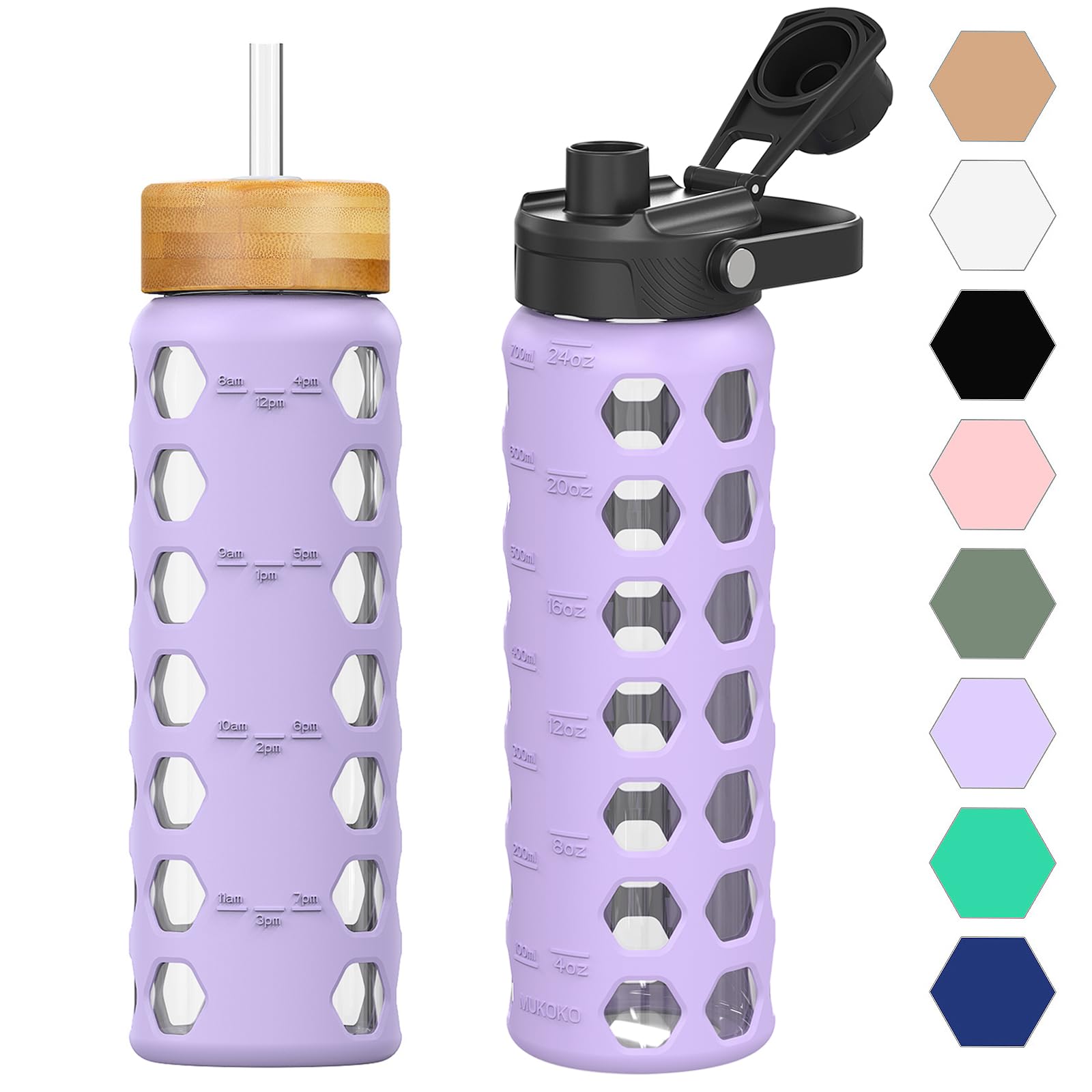 HYDRAGLAZIC 700ML Glass Water Bottle with 2 Flip and Bamboo Straw Lids Sports Water Tumbler with Time Reminder and Silicone Sleeve Leak-proof BPA Free, Purple