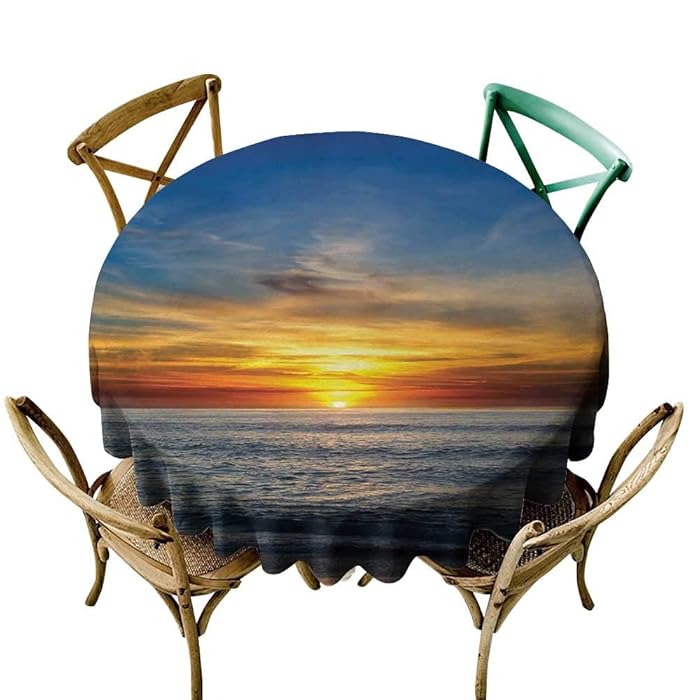 Premium Round Tablecloth 70 inch Ocean,Sunset Over Pacific Ocean From La Jolla California Sunlight Colored Sky Photo Print,Orange Blue Printed Indoor Outdoor Camping Picnic Circle Table Cloth