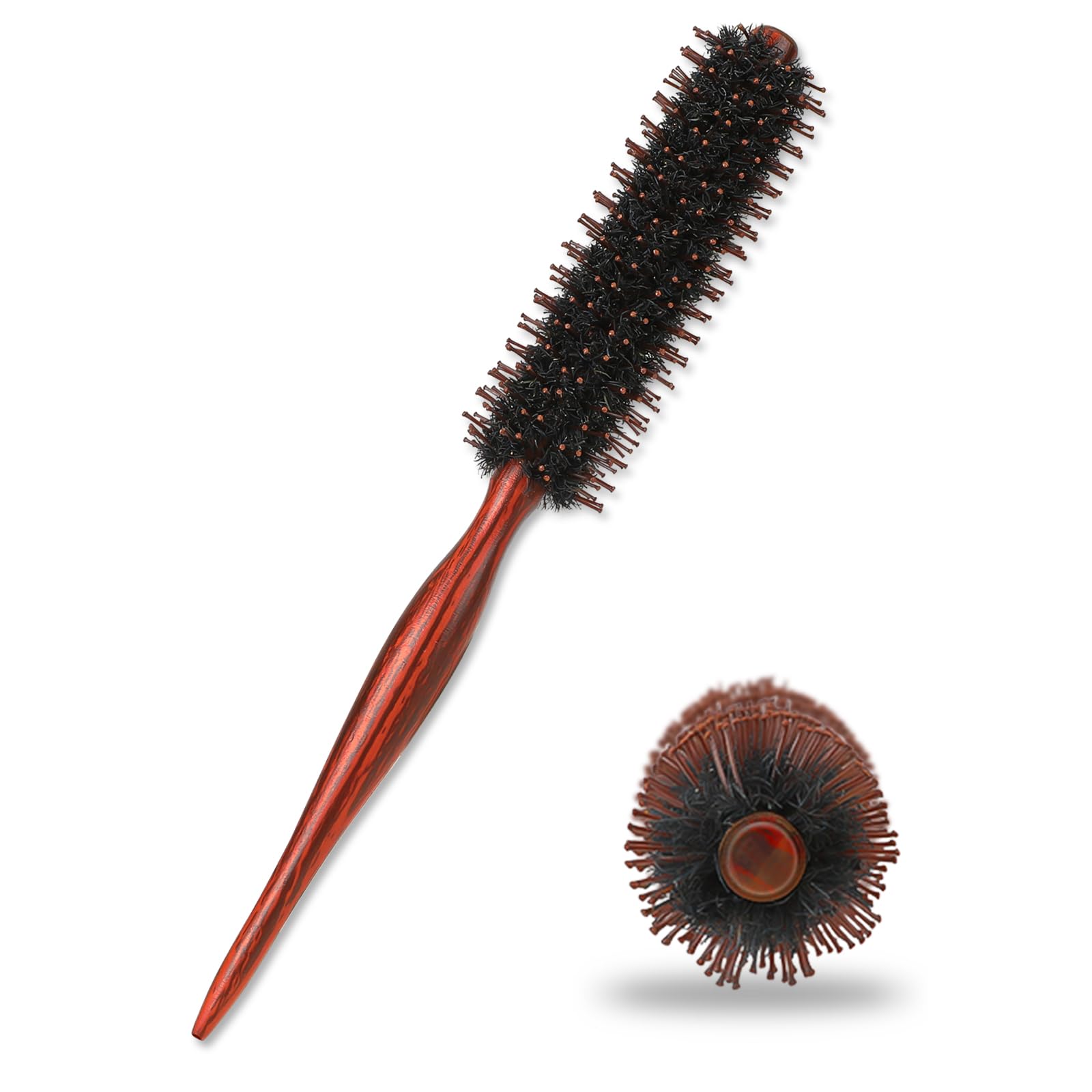 Boar Bristle Round Hair Brush, Small Volumizing Brush for Blow Drying, Styling, Straightening, Curling & Detangling with Nylon Pin and Natural Wooden Handle