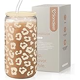 SANDJEST Leopard Glass Can, Beige Leopard Print Cup with Lid & Straw, Iced Coffee Aesthetic Cups, Gift for Christmas Birthday Mother Day, Gifts for Women, 16oz