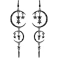 JACKBEGTA Moon and Star Drop Earrings Exaggerated Fashion Long Drop Dangle Stud Drop Earrings for Women,Black