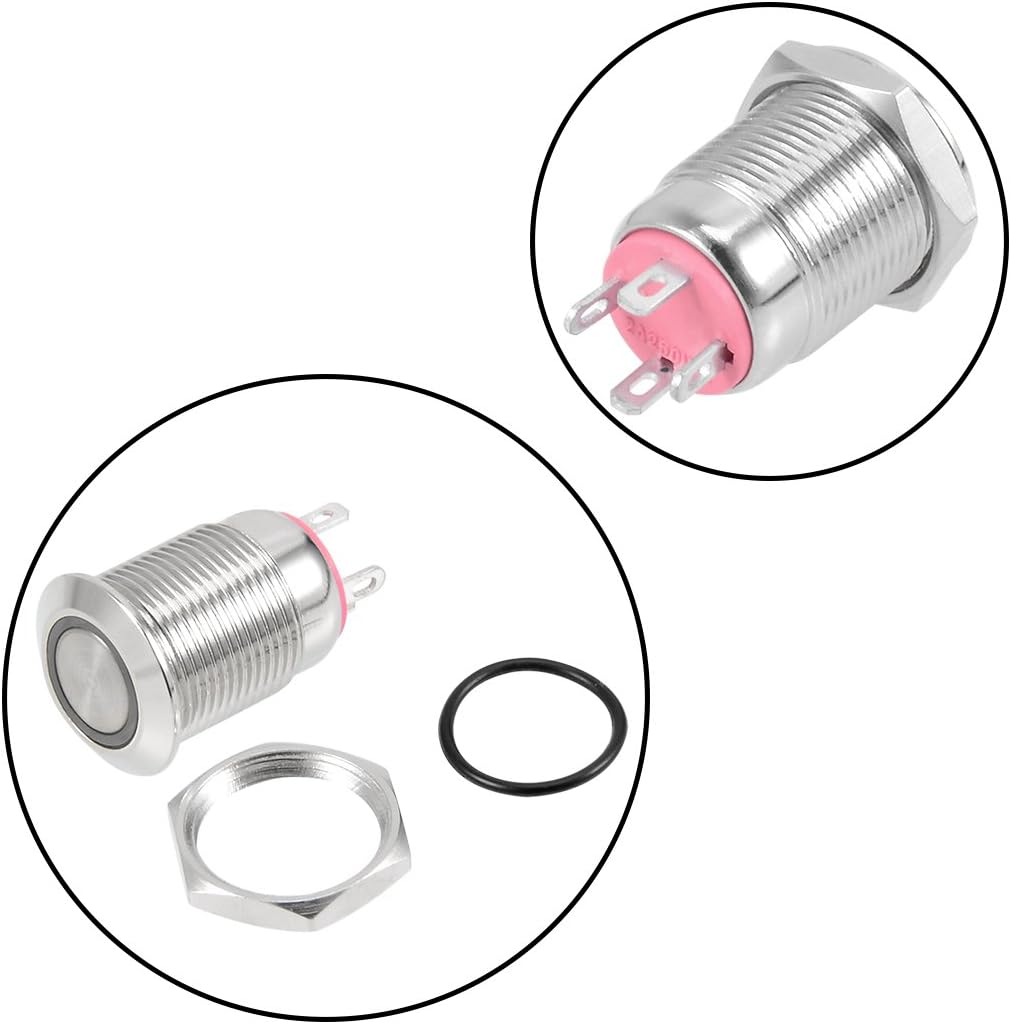 sourcing map Momentary Metal Push Button Switch 12mm Mounting Dia 2A 1NO 3-6VAC/DC Red LED Light - Image 3