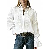 CHERRYBETTY Women's White Floral Embroidery Blouse Ruffled Cuff Boho Shirt Long Sleeve Button-Down Top