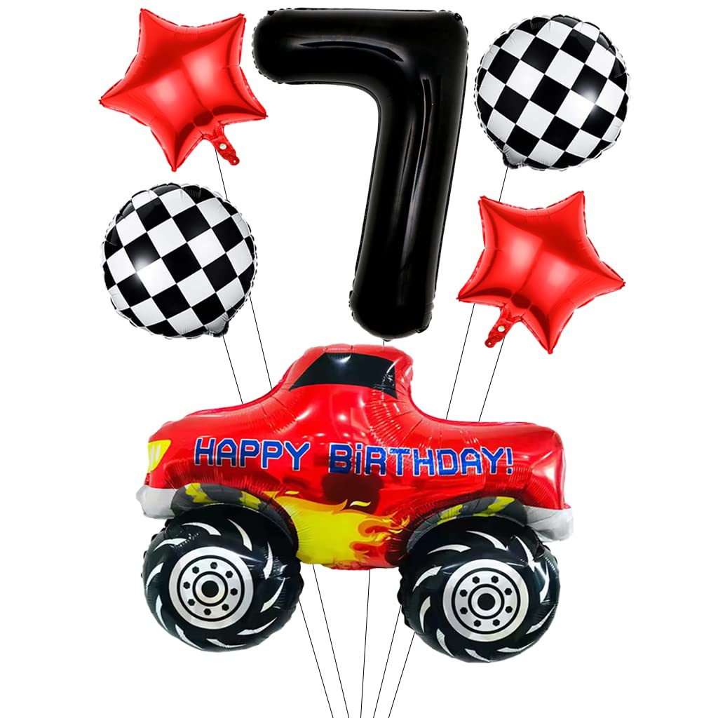 Liitata Giant Race Car Balloon - 7th Race Truck Birthday Decor Black Number 7 Foil Balloon with Checkered Flag and Star for Boy's Birthday Party Theme