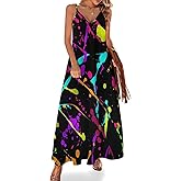 Glow in Dark Splatter Neon Women's Summer Maxi Dress Long Sleeveless Strap Beach Dresses