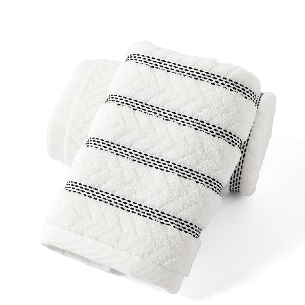 sense gnosis 100% Cotton White Hand Towel Set of 2 Thick Jacquard Ribbed Striped Soft Quick Dry and Absorbent Bathroom Decorative Hand Towel 13 x 29 Inch